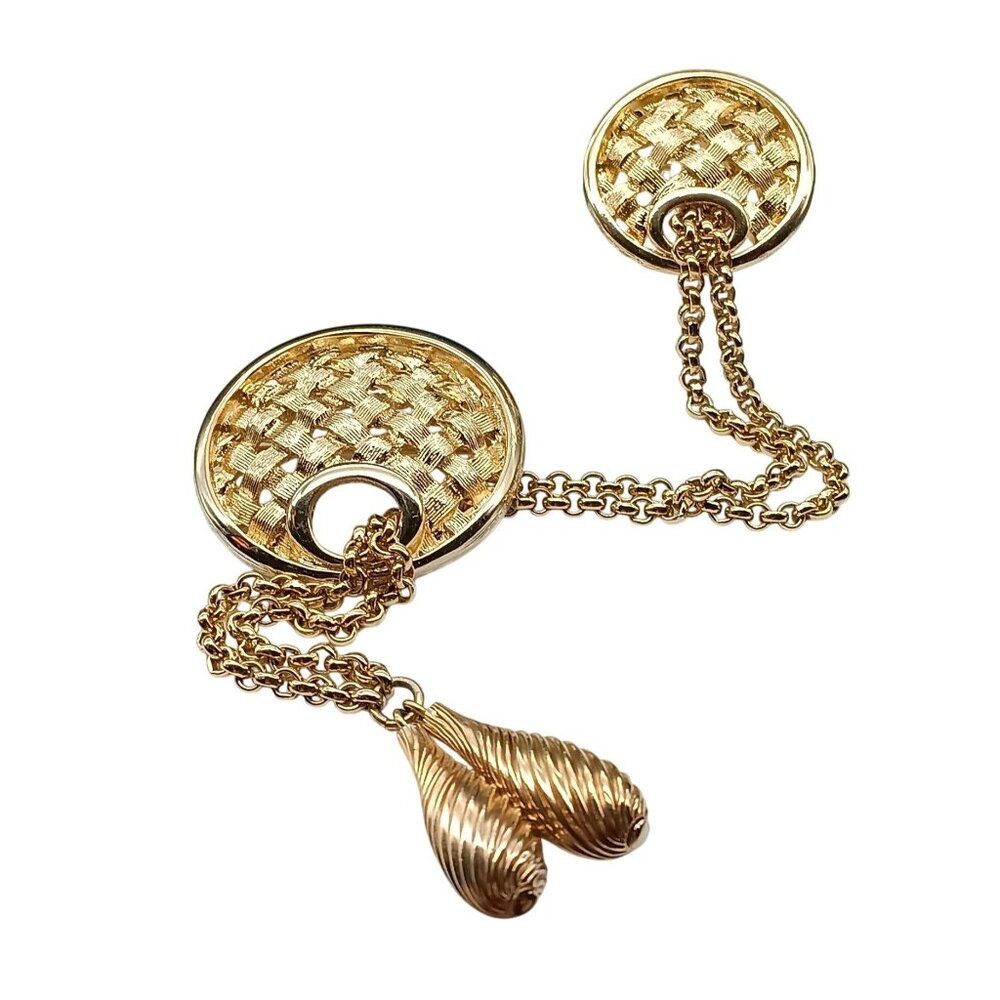Sarah Coventry Gold-Tone Basketweave Chatelaine Brooch With Dual Chains & Textur